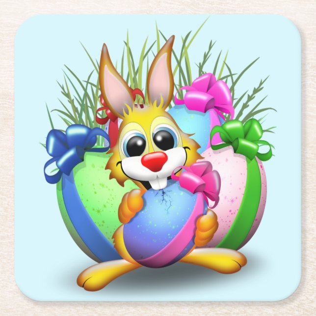 Easter Bunny Funny and Cute Character Biting an Eg Square Paper Coaster (Front)
