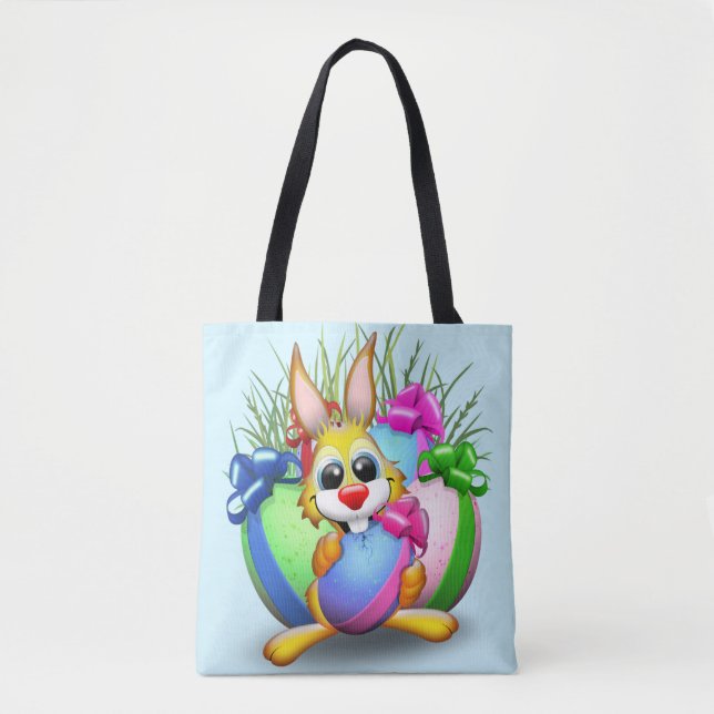 Easter Bunny Funny and Cute Character Biting an Eg Tote Bag (Front)