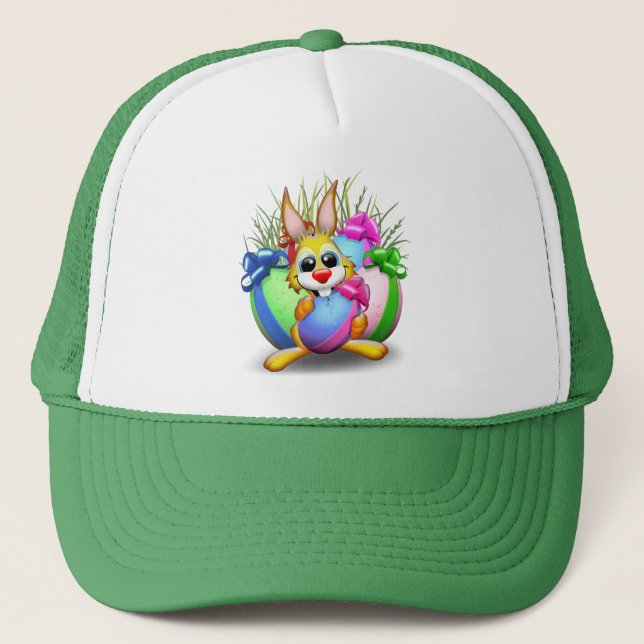 Easter Bunny Funny and Cute Character Biting an Eg Trucker Hat (Front)