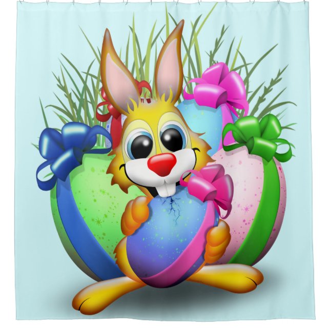 Easter Bunny Funny and Cute Character Biting Eggs Shower Curtain (Front)