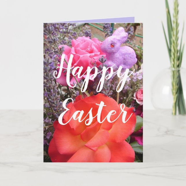 Easter Bunny Garden Red Pink Rose Spring floral Card (Front)