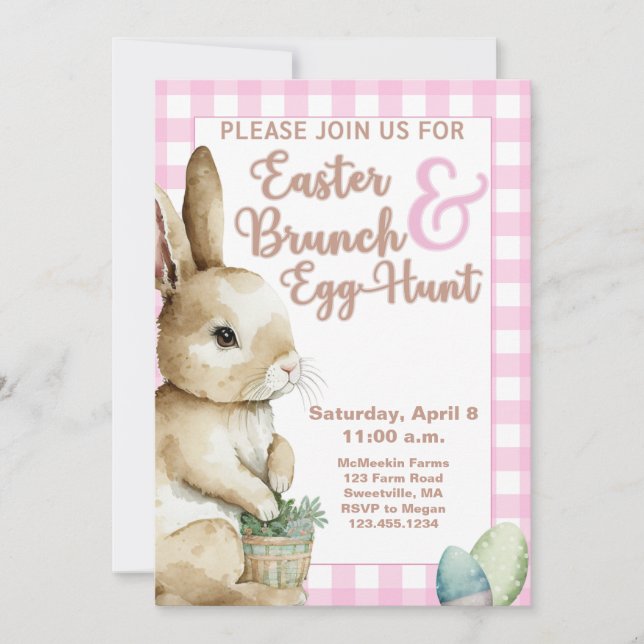 Easter Bunny Gingham Easter Brunch & Egg Hunt Pink Invitation (Front)