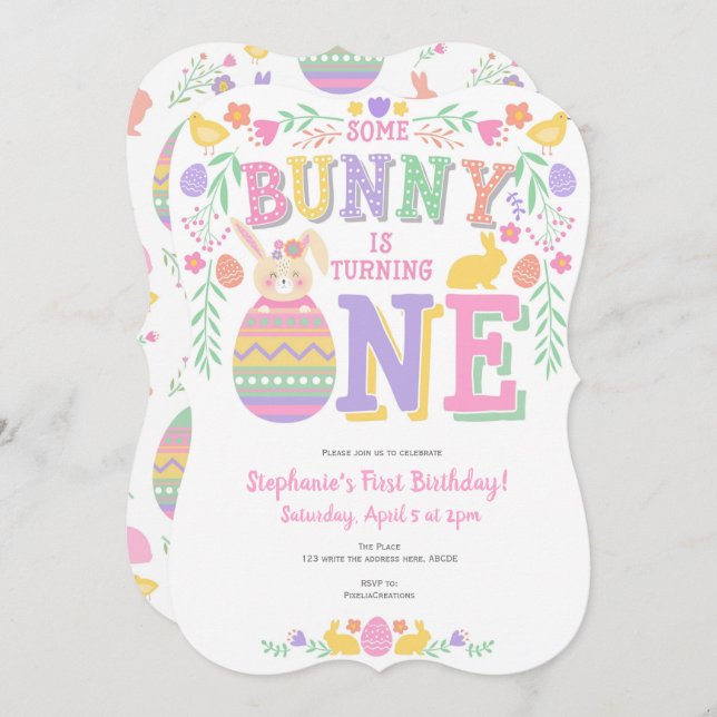 Easter, Bunny, Girl 1st, Spring Birthday Invitation (Front/Back)