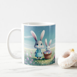 Easter bunny girl and baby bunny with eggs coffee mug