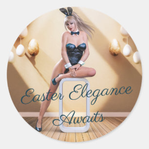 Easter Bunny Girl Sitting on Round Edge Cube Classic Round Sticker