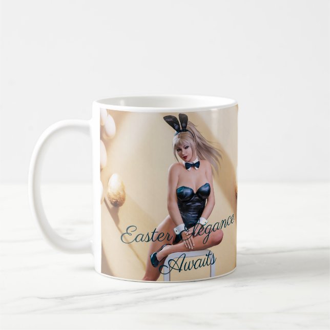Easter Bunny Girl Sitting on Round Edge Cube Coffee Mug (Left)