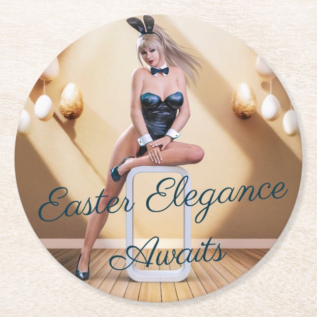 Easter Bunny Girl Sitting on Round Edge Cube Paper Coaster (Front)