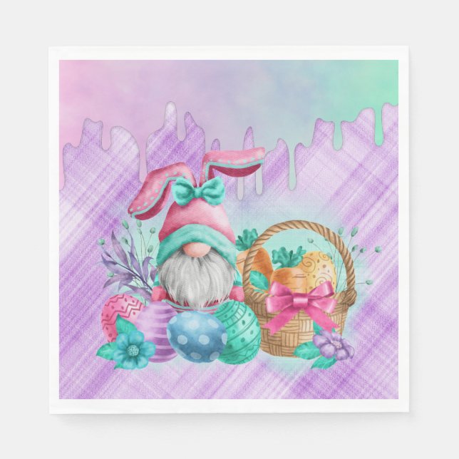 Easter Bunny Gnome With Basket Eggs Napkin (Front)