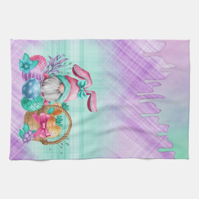 Easter Bunny Gnome With Basket Eggs Tea Towel (Horizontal)