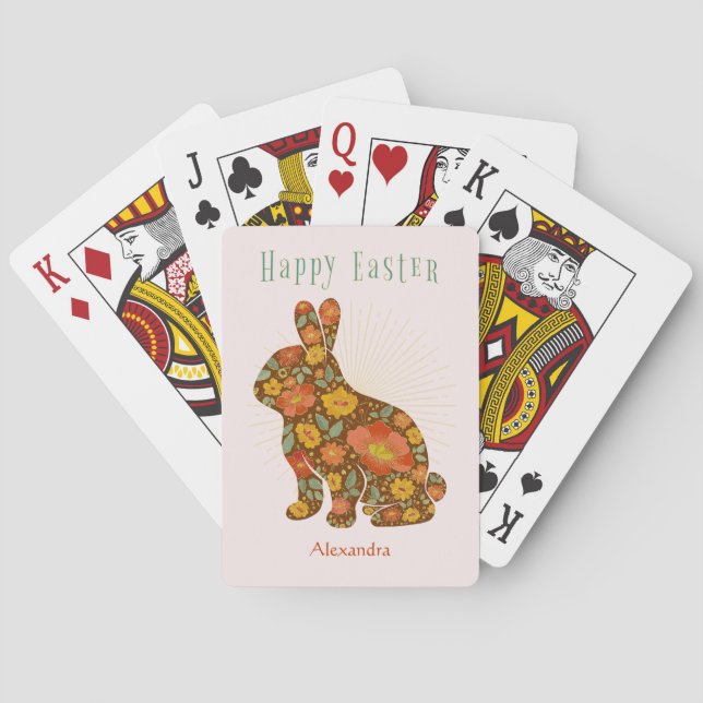 Easter Bunny Gold Glitter Personalised Floral Playing Cards (Back)