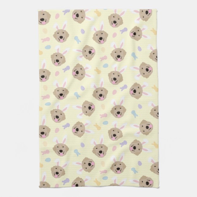 Easter Bunny Golden Retriever Pattern Tea Towel (Vertical)
