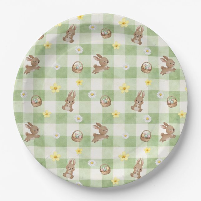 Easter Bunny Green Gingham Paper Plate (Front)