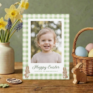 Easter Bunny Green Gingham Photo Holiday Card