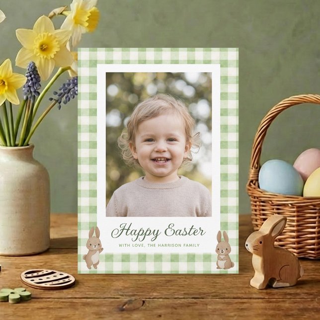 Easter Bunny Green Gingham Photo Holiday Card (Creator Uploaded)