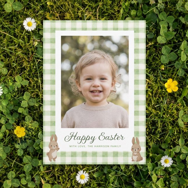 Easter Bunny Green Gingham Photo Holiday Card (Creator Uploaded)