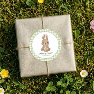 Easter Bunny Green Watercolor Gingham Classic Round Sticker