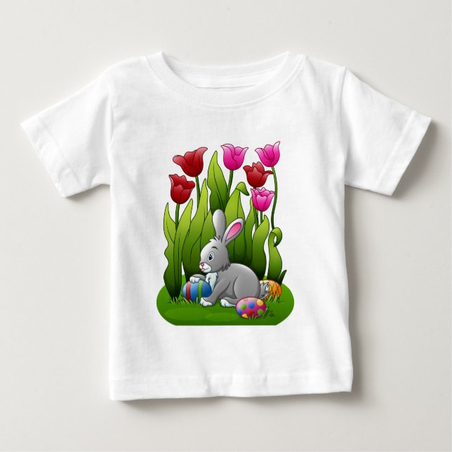 Easter Bunny Hiding Easter Eggs in Red Tulips Baby T-Shirt (Front)