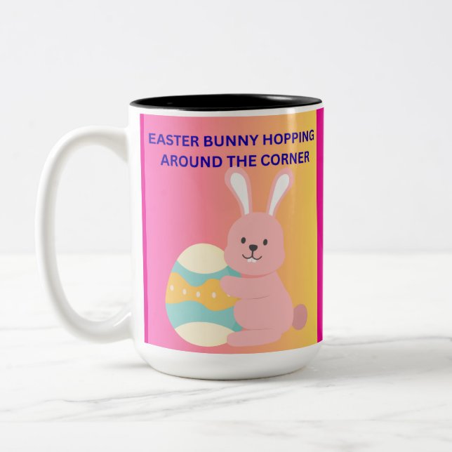 Easter Bunny Hopping Around the Corner Two-Tone Coffee Mug (Left)