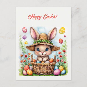 Easter Bunny in a Basket of Painted Eggs Happy Eas Postcard
