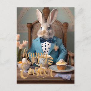 Easter bunny in a blue coat and bow tie postcard