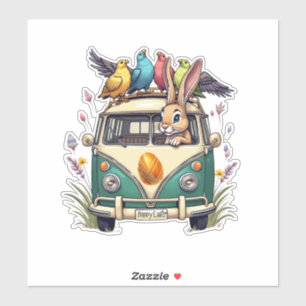 Easter Bunny in a Bus with Bird Friends- Spring Ce