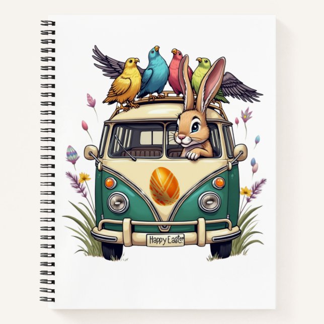 Easter Bunny in a Bus with Bird Friends- Spring Ce Notebook (Front)