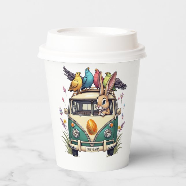 Easter Bunny in a Bus with Bird Friends- Spring Ce Paper Cups (Front)