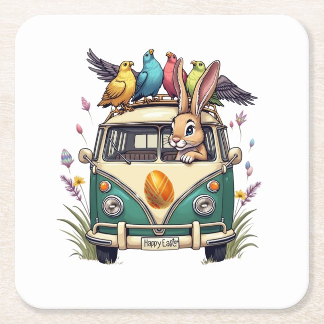 Easter Bunny in a Bus with Bird Friends- Spring Ce Square Paper Coaster (Front)