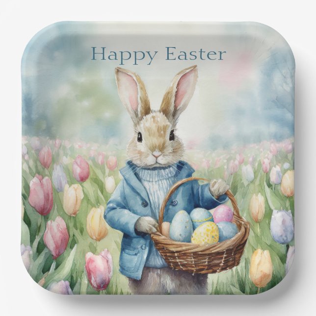 Easter Bunny in a meadow of Tulips Paper Plate (Front)