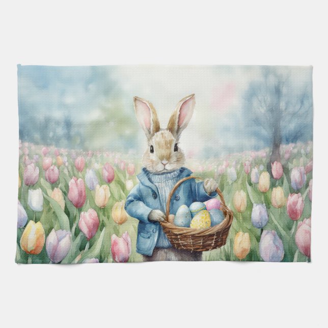 Easter Bunny in a meadow of Tulips Tea Towel (Horizontal)