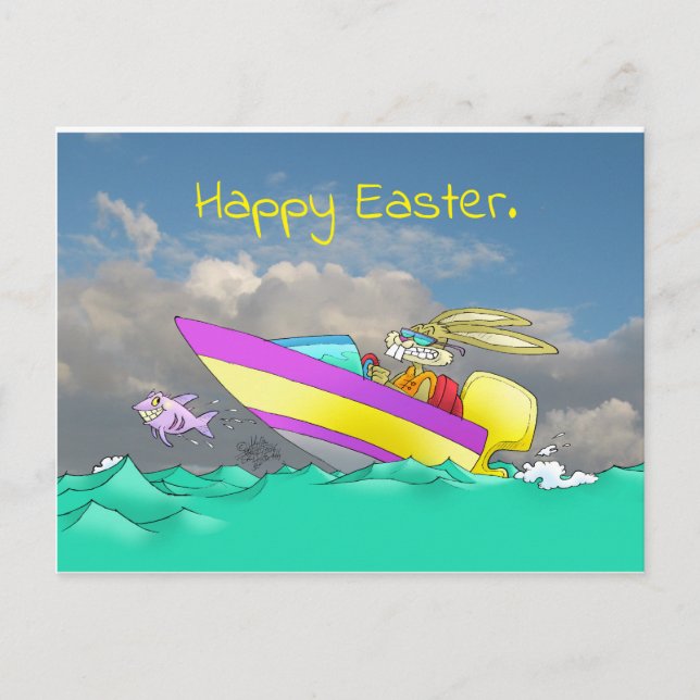Easter bunny, in a speed boat. holiday postcard (Front)