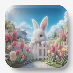 Easter Bunny In a Tulip Garden Paper Plate