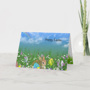 Easter Bunny In Grass with Rainbow Holiday Card