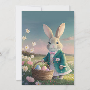 Easter bunny in little blue jacket holiday card