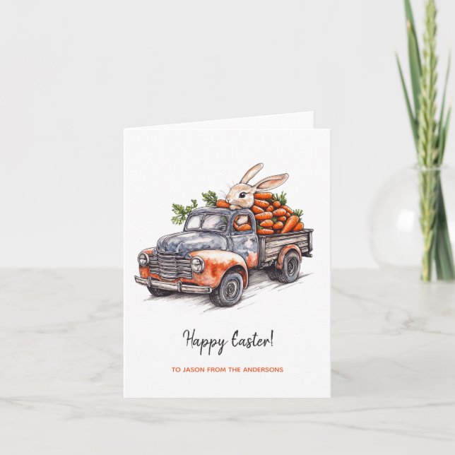 Easter bunny in rustic vintage truck  card (Front)