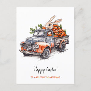 Easter bunny in rustic vintage truck holiday postcard