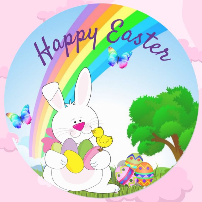 Easter Bunny in Springtime Cute Colourful Rainbow  Classic Round Sticker (Creator Uploaded)