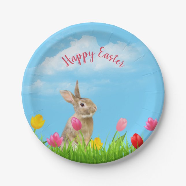 Easter Bunny in Tulips Paper Plate (Front)