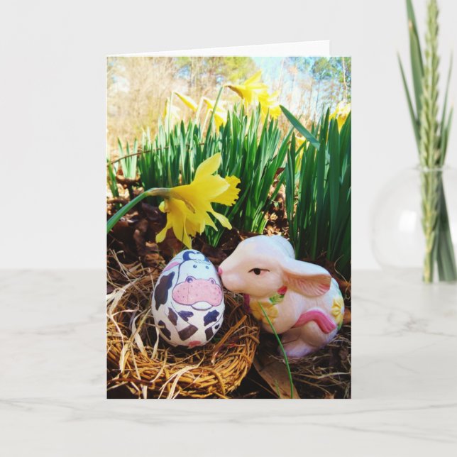 Easter Bunny kissing Cow Egg Holiday Card (Front)