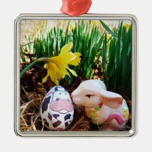 Easter Bunny kissing Cow Egg Metal Tree Decoration