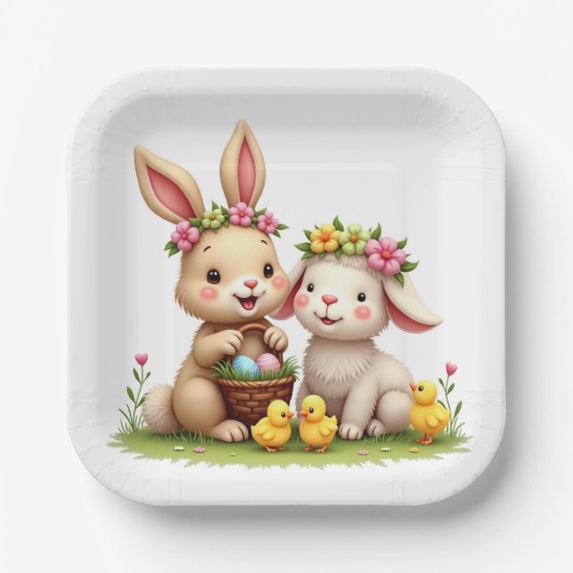 Easter Bunny & Lamb | Chicks & Spring Flowers Cute Paper Plate (Front)