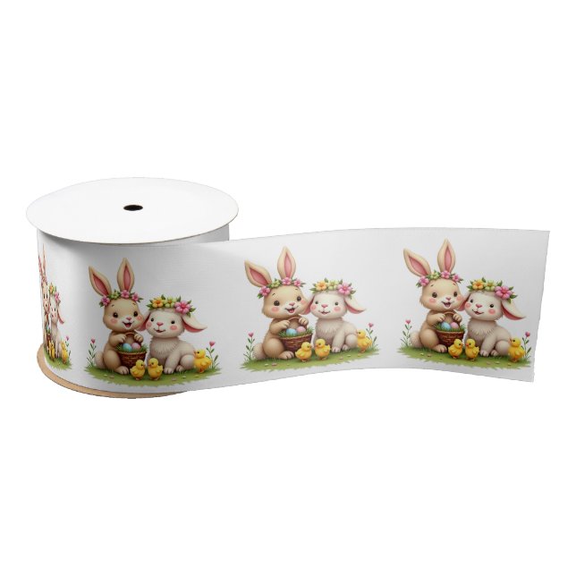 Easter Bunny & Lamb | Chicks & Spring Flowers Cute Satin Ribbon (Spool)