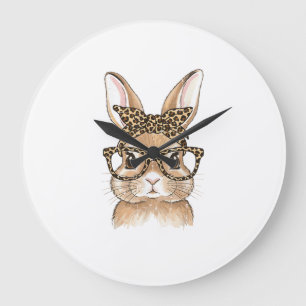 Easter Bunny Leopard Glasses Bandanna Rabbit Women Large Clock