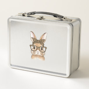 Easter Bunny Leopard Glasses Bandanna Rabbit Women Metal Lunch Box