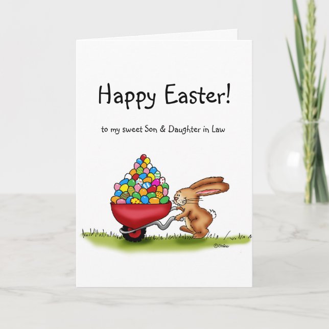 Easter Bunny moves coloured eggs in wheelbarrow Holiday Card (Front)