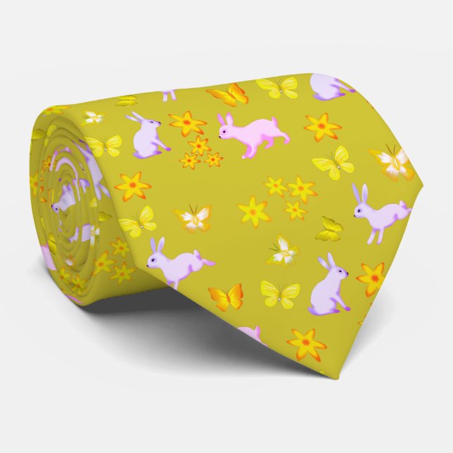 Easter Bunny Necktie with Yellow Butterflies (Rolled)