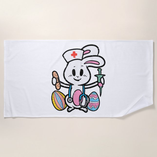 Easter Bunny Nurse Stethoscope Cute Rabbit Scrub Beach Towel (Front)