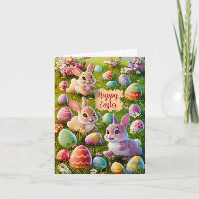 Easter Bunny On Egg Hunt Holiday Card (Front)