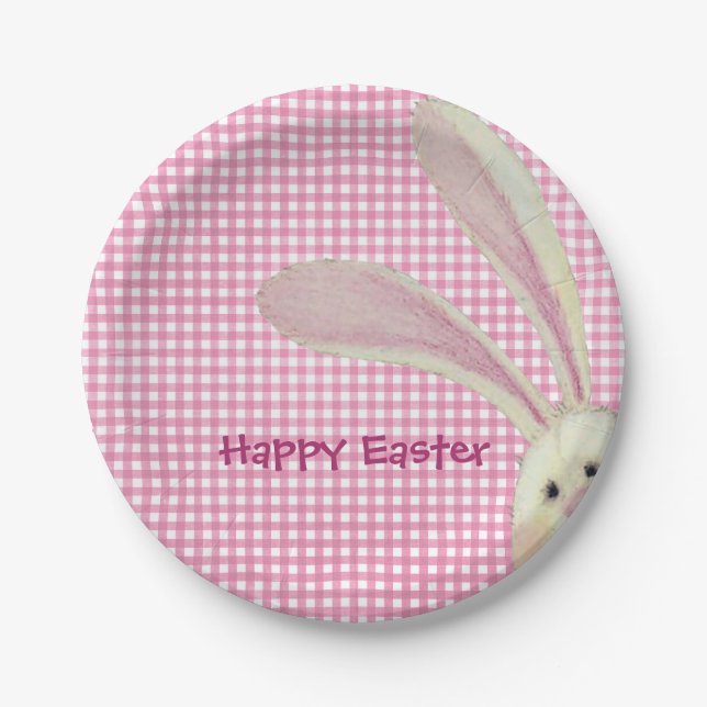 Easter Bunny on Pink Gingham Paper Plate (Front)