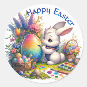 Easter Bunny Painting Eggs Cute Classic Round Sticker